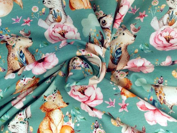 Reststück Baumwolljersey Touching Tiere dunkelmint - Kopie